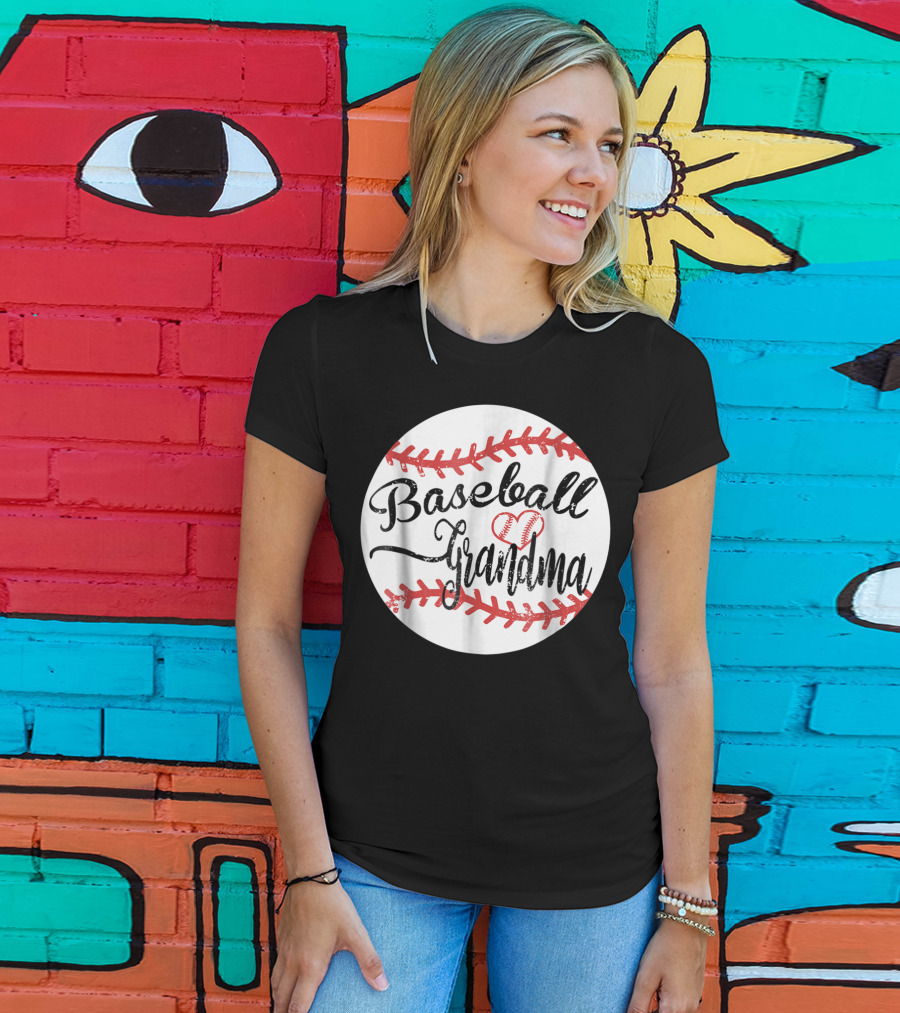 Baseball Grandma With Heart Stitching Baseball T-Shirt
