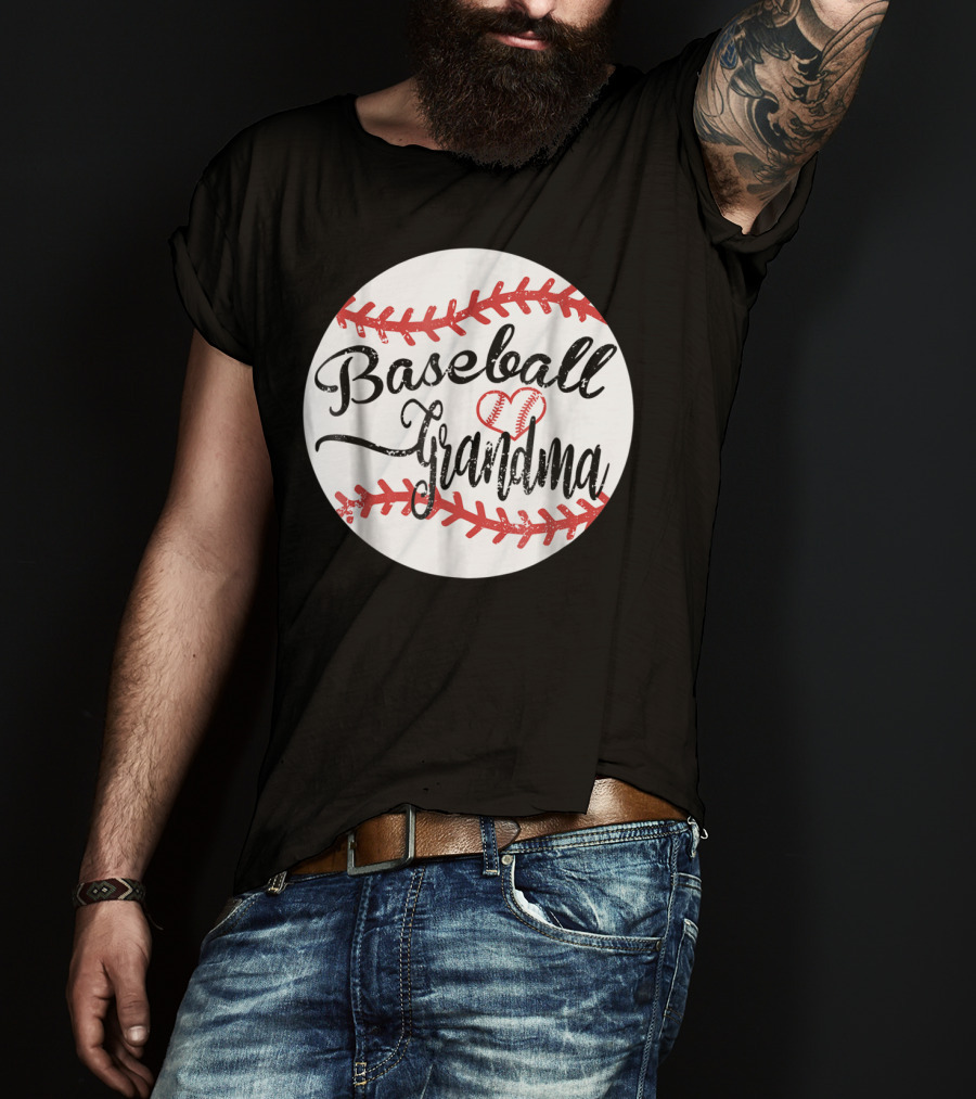 Baseball Grandma With Heart Stitching Baseball T-Shirt