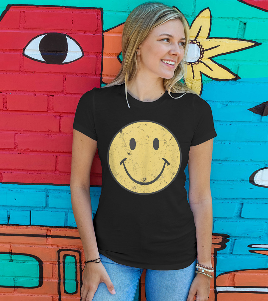 Retro 70s Smiley Face Distressed Yellow T-Shirt