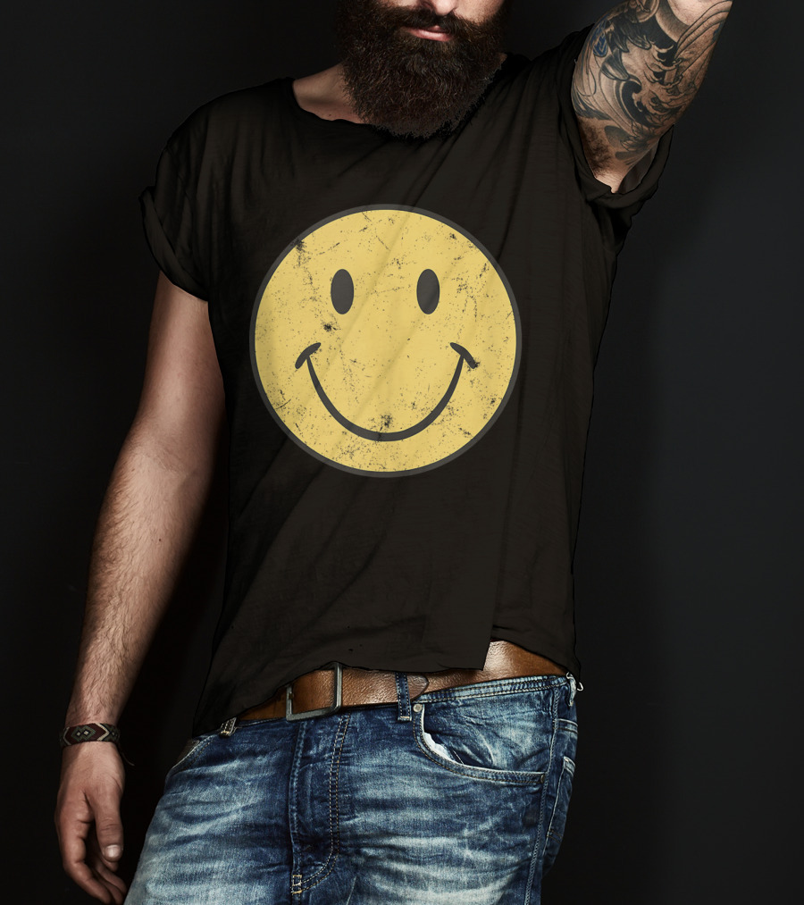 Retro 70s Smiley Face Distressed Yellow T-Shirt