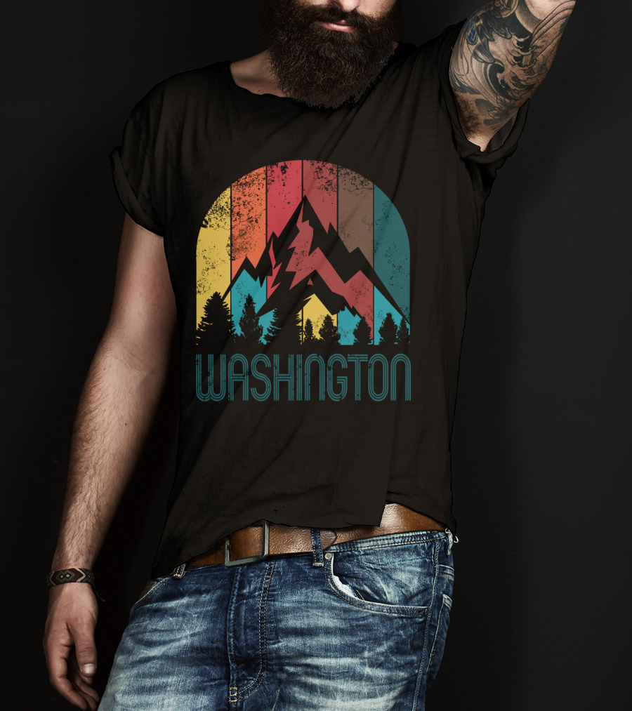 Washington Retro Mountain Landscape Forest Silhouette Vintage Multicolor Stripes T-Shirt