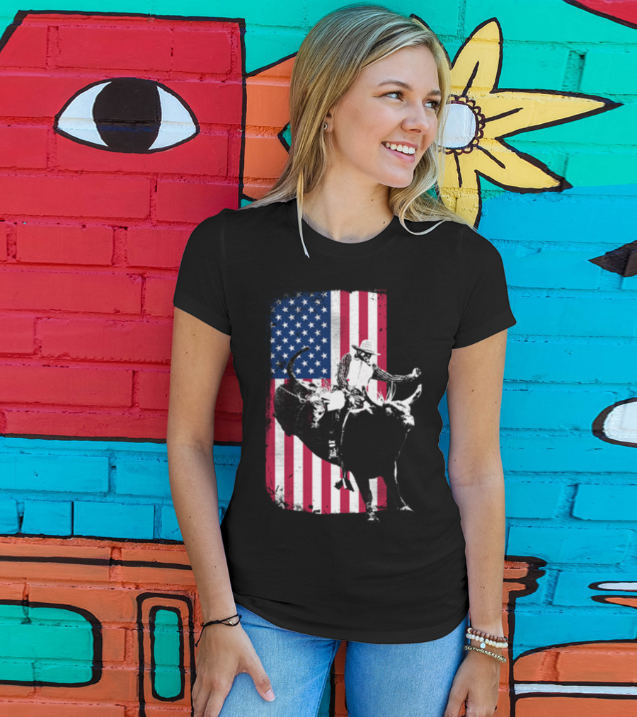 Rodeo Bull Rider American Flag Cowboy Patriot T-Shirt