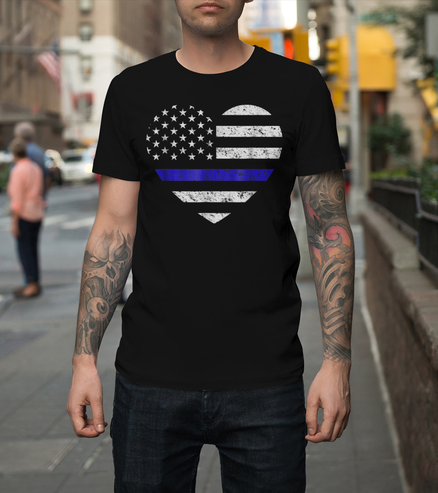 Thin Blue Line American Flag Heart Police Support T-Shirt