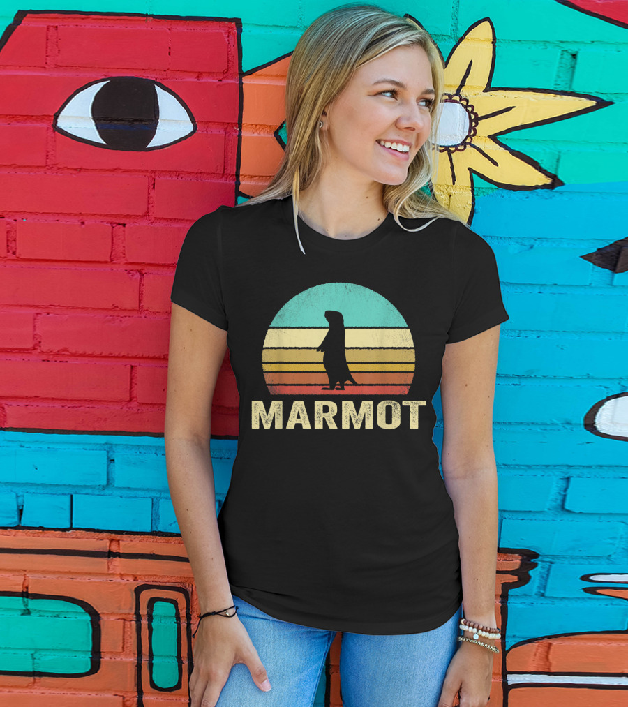 Retro Marmot Silhouette Sunset Stripes T-Shirt