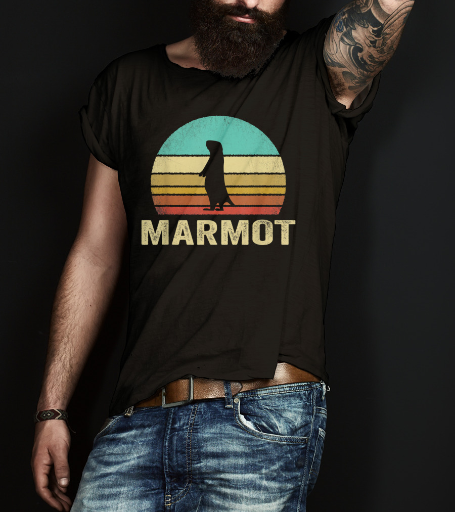 Retro Marmot Silhouette Sunset Stripes T-Shirt