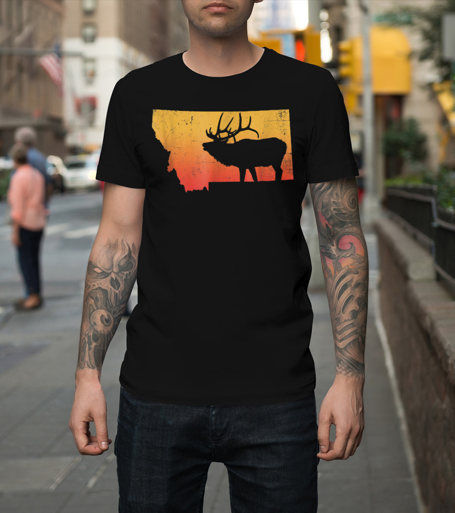 Montana Elk Silhouette Vintage Outdoors Sunset Scene T-Shirt