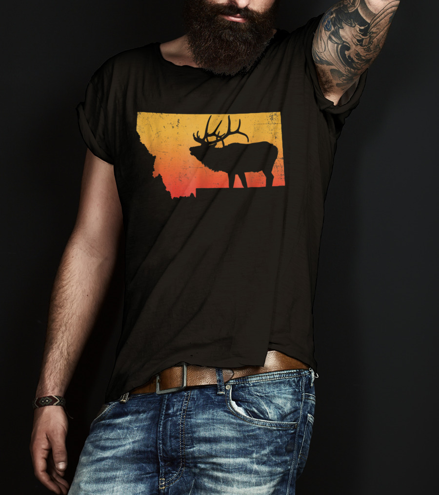 Montana Elk Silhouette Vintage Outdoors Sunset Scene T-Shirt