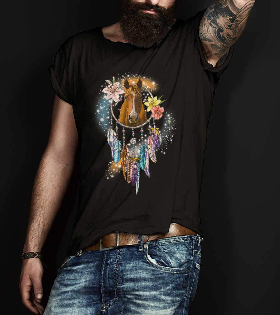 Horse Dreamcatcher Floral Feathers Sparkle T-Shirt