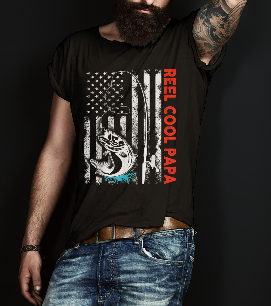 Reel Cool Papa American Flag Fishing Family Fun T-Shirt