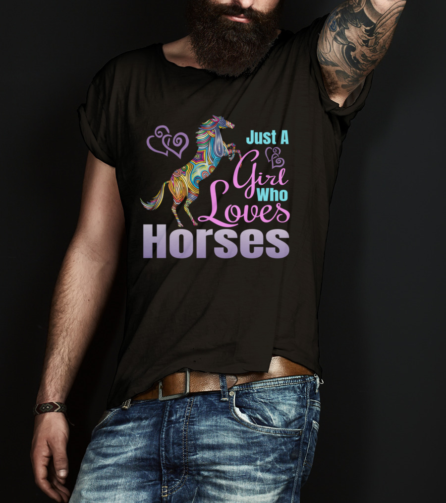 Just A Girl Who Loves Horses Colorful Patterned Horse With Hearts T-Shirt