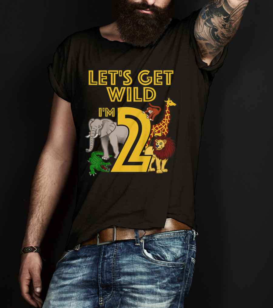 Let's Get Wild I'm 2 Elephant Giraffe Lion Crocodile Birthday Safari Jungle Kids 2 Year Old Zoo T-Shirt