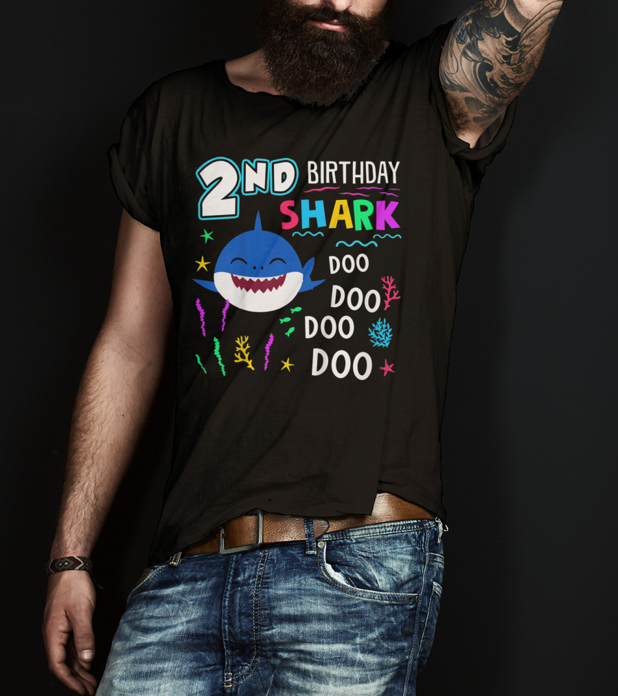 2nd Birthday Shark Doo Doo Doo Kids Happy 2 Years Old T-Shirt