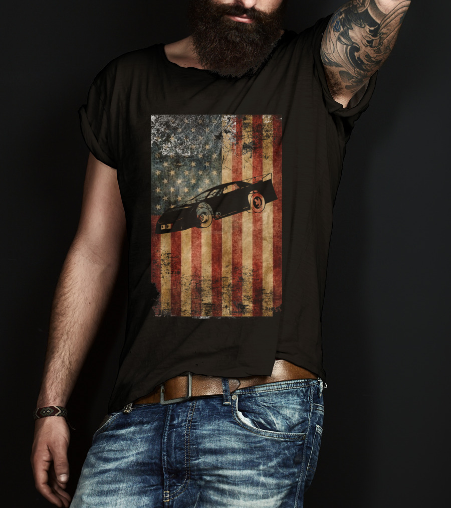 Late Model Dirt Track Racing Distressed American Flag Car T-Shirt