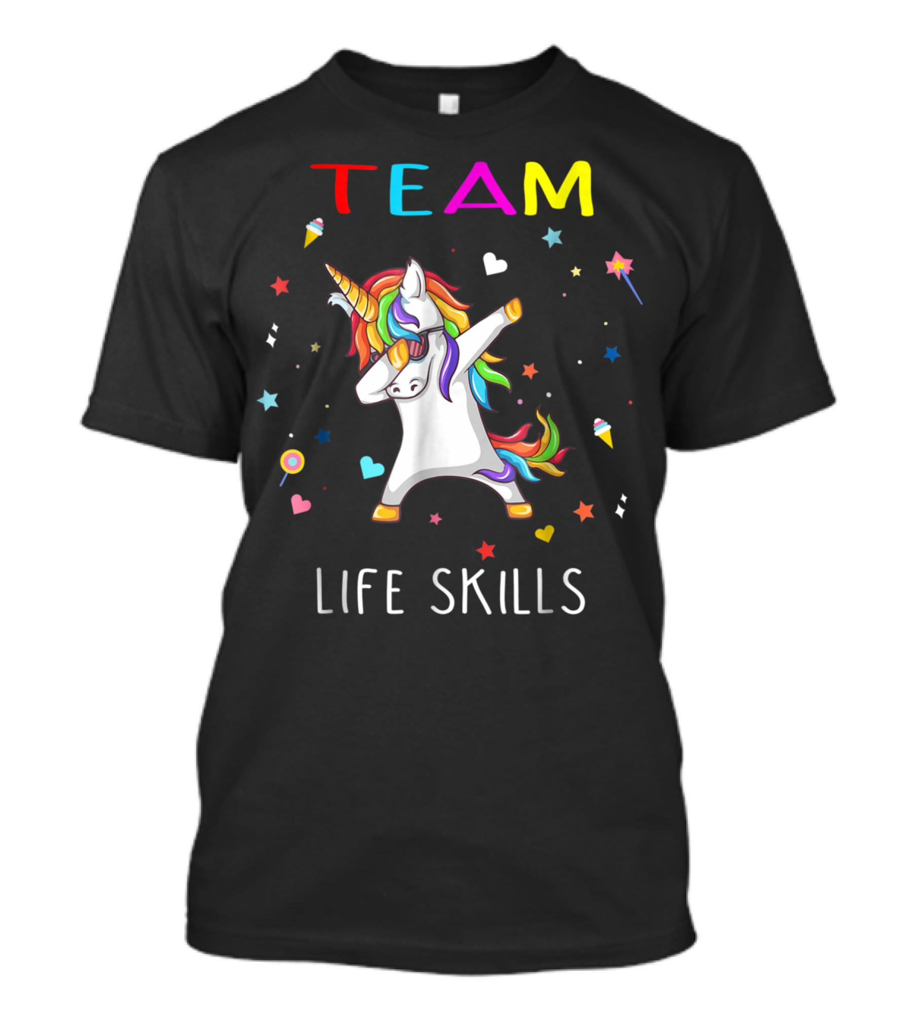 TEAM LIFE SKILLS Unicorn Dabbing Stars And Hearts T-Shirt