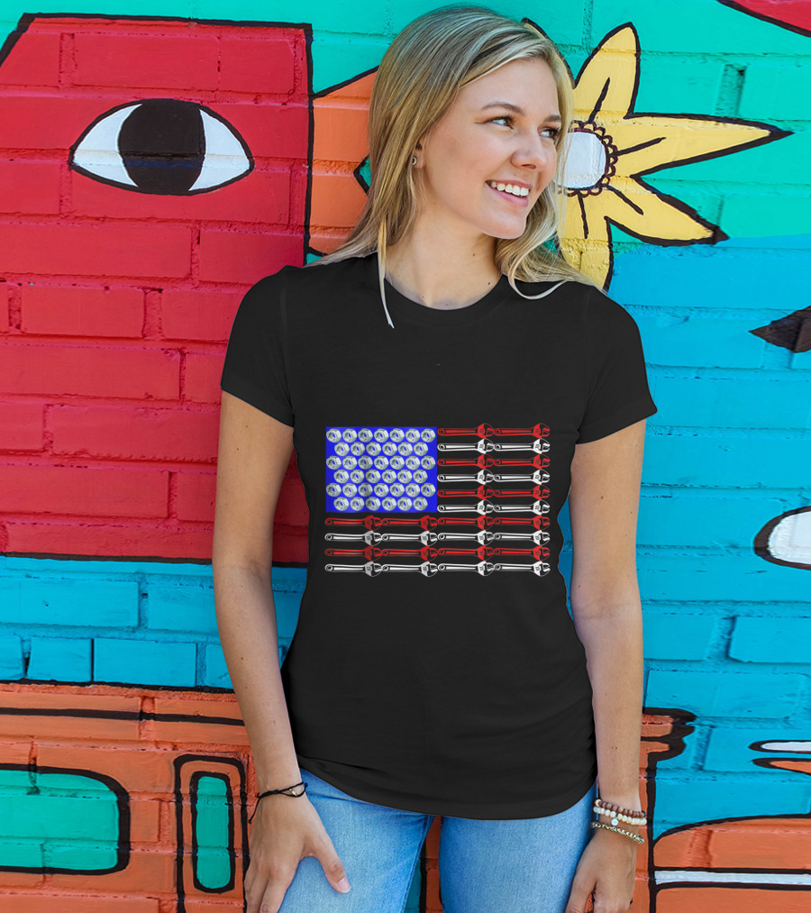 Mechanic Proud American Patriotic USA Flag With Wrenches And Nuts T-Shirt