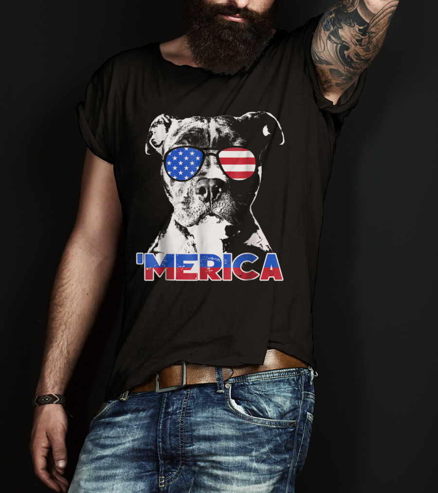 Patriot Pitbull 'Merica With American Flag Sunglasses T-Shirt