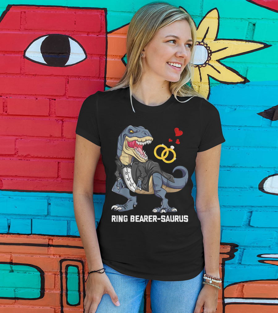 Rex Dinosaur Ring Bearer Saurus In Tuxedo With Wedding Rings And Hearts T-Shirt