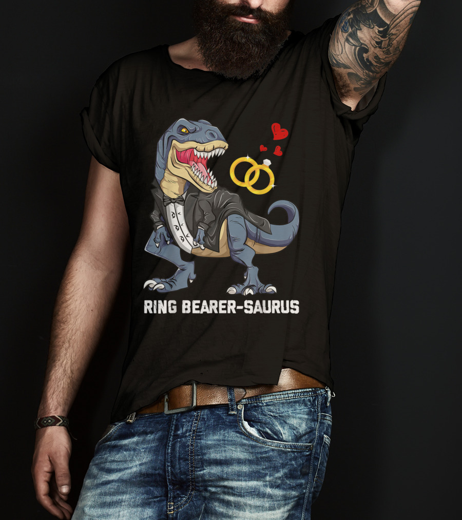 Rex Dinosaur Ring Bearer Saurus In Tuxedo With Wedding Rings And Hearts T-Shirt