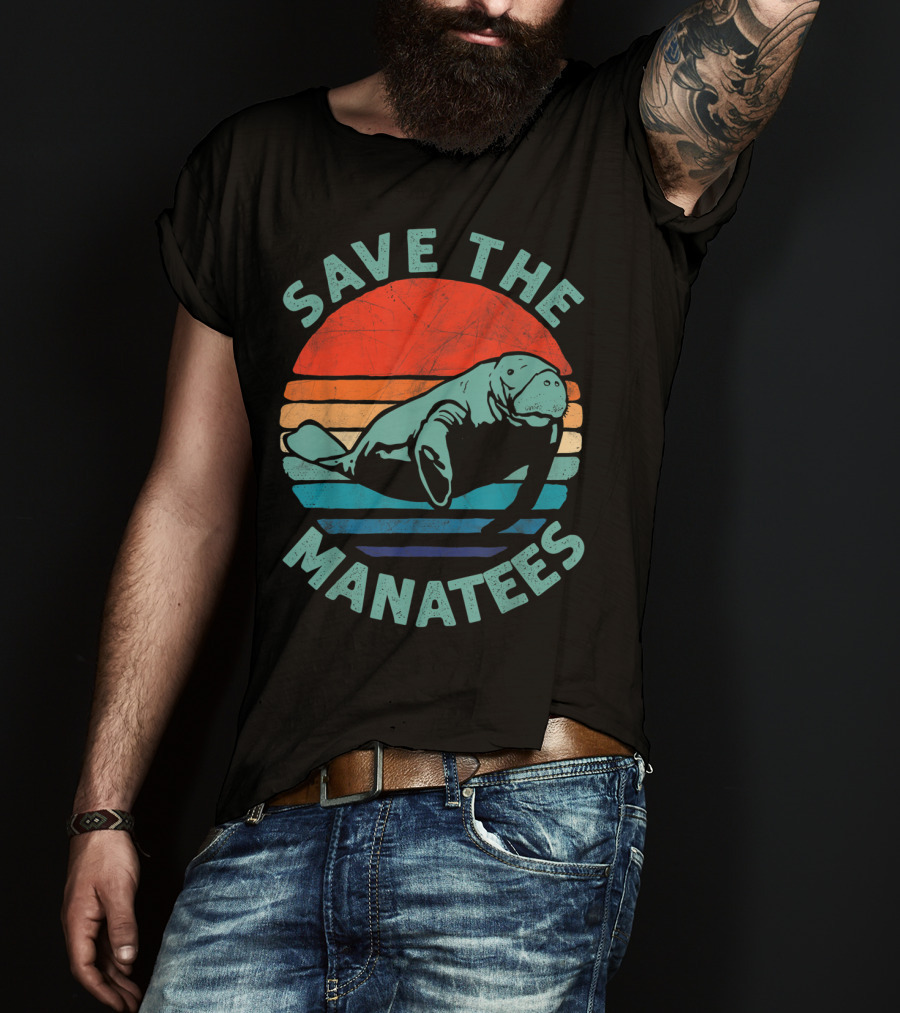 Save The Manatees Retro Stripes Sunset T-Shirt