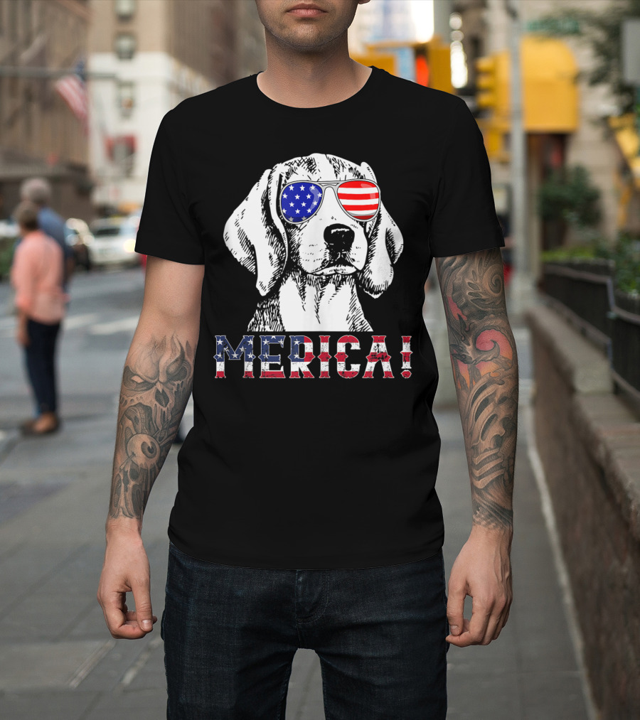 Merica Beagle USA Flag Sunglasses Funny 4th of July T-Shirt