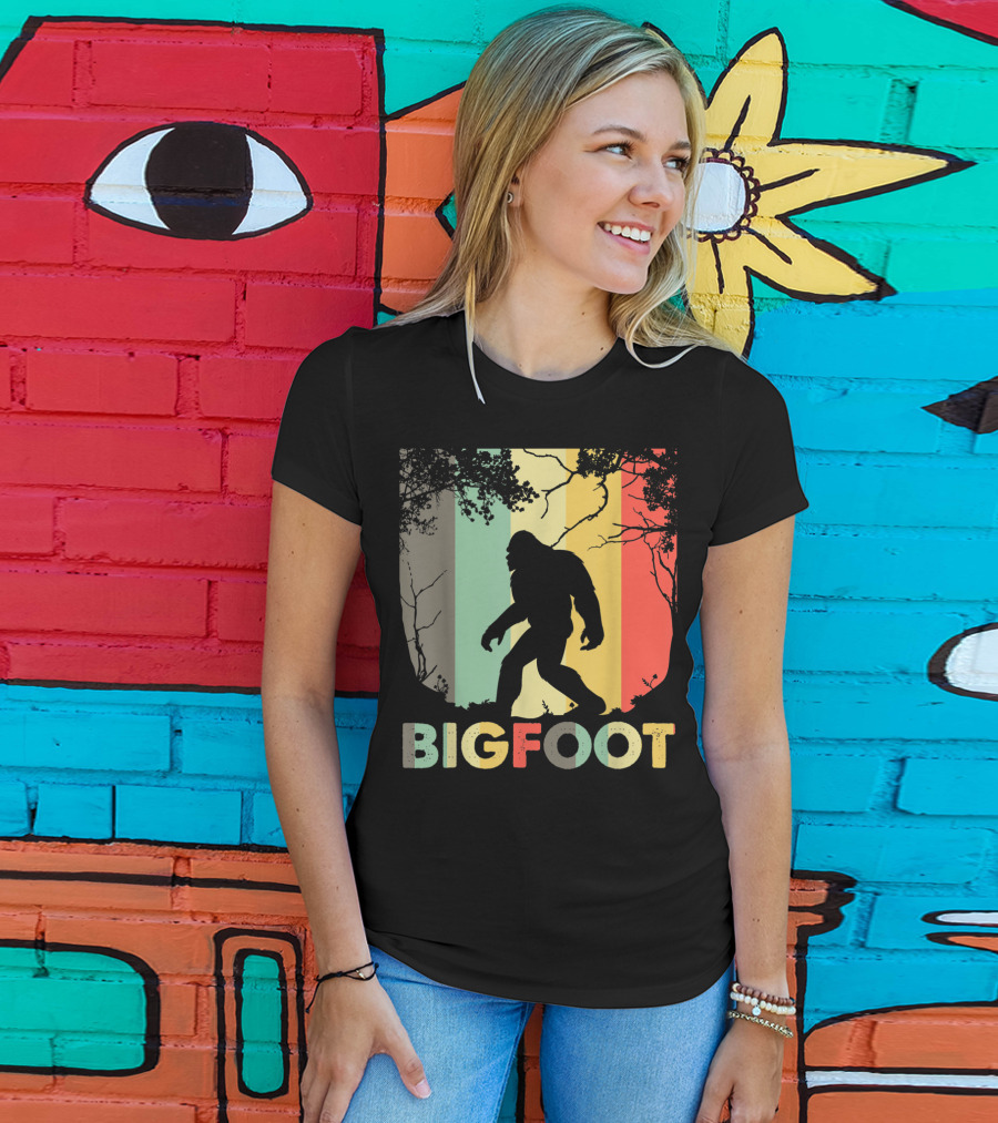 Bigfoot Silhouette Retro Forest Stripes T-Shirt