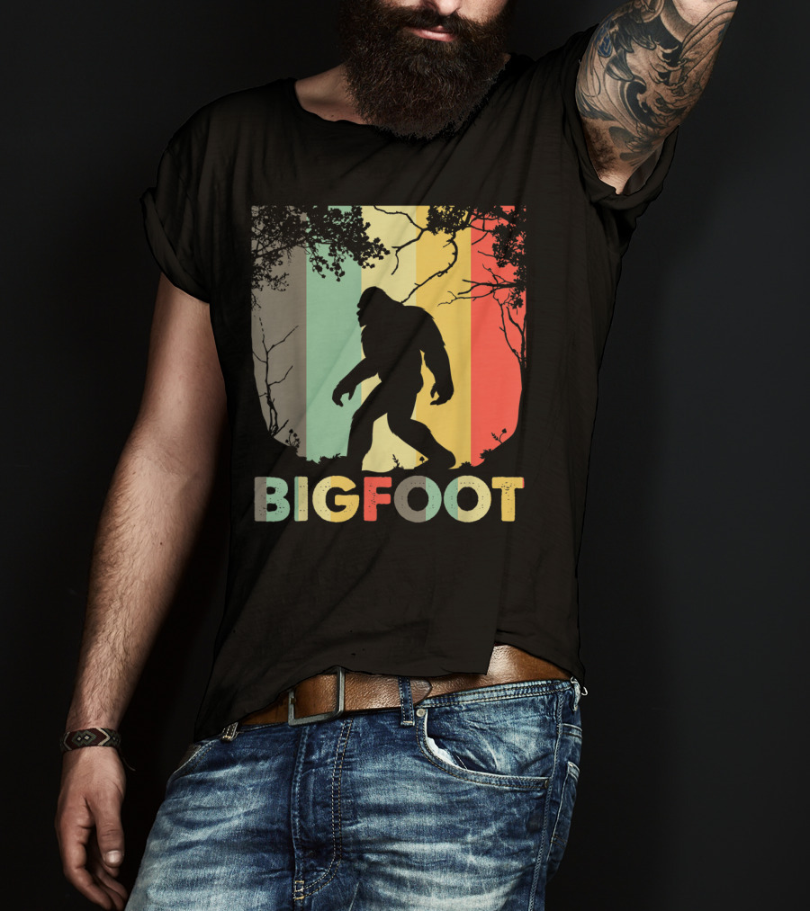 Bigfoot Silhouette Retro Forest Stripes T-Shirt