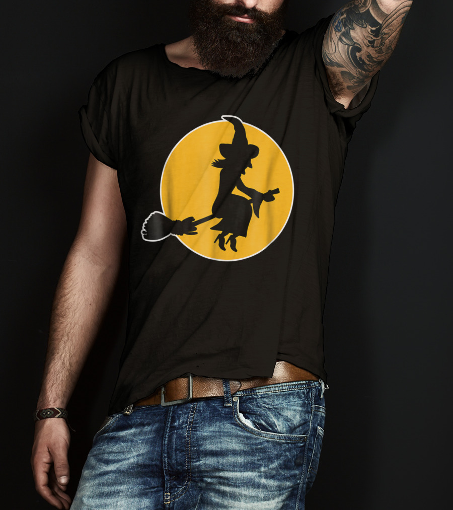 Witch Silhouette Flying Over Yellow Moon T-Shirt