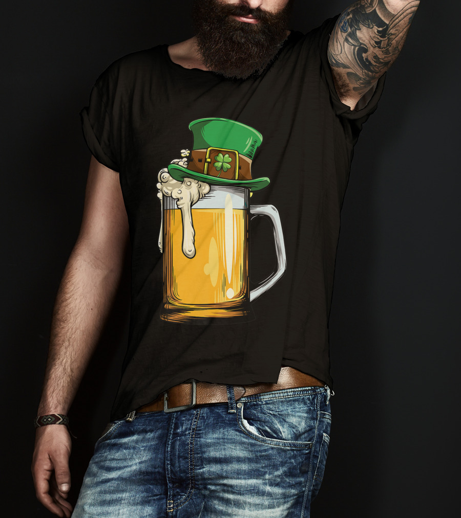 Leprechaun Hat Overflowing Beer Mug With Shamrock Foam T-Shirt