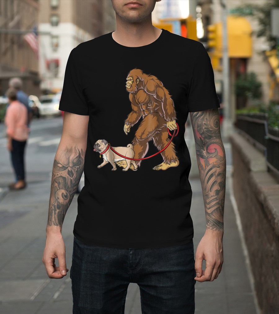 Bigfoot Sasquatch Walking Pug Dog T-Shirt