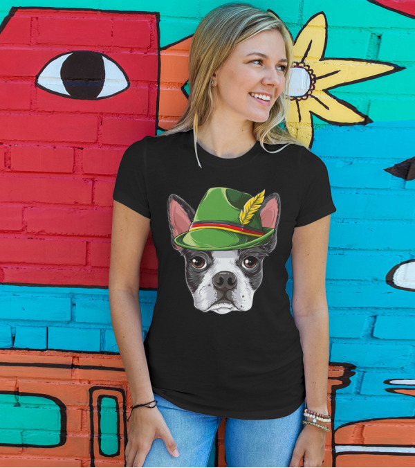Boston Terrier Oktoberfest Lederhosen Hat With Feather T-Shirt