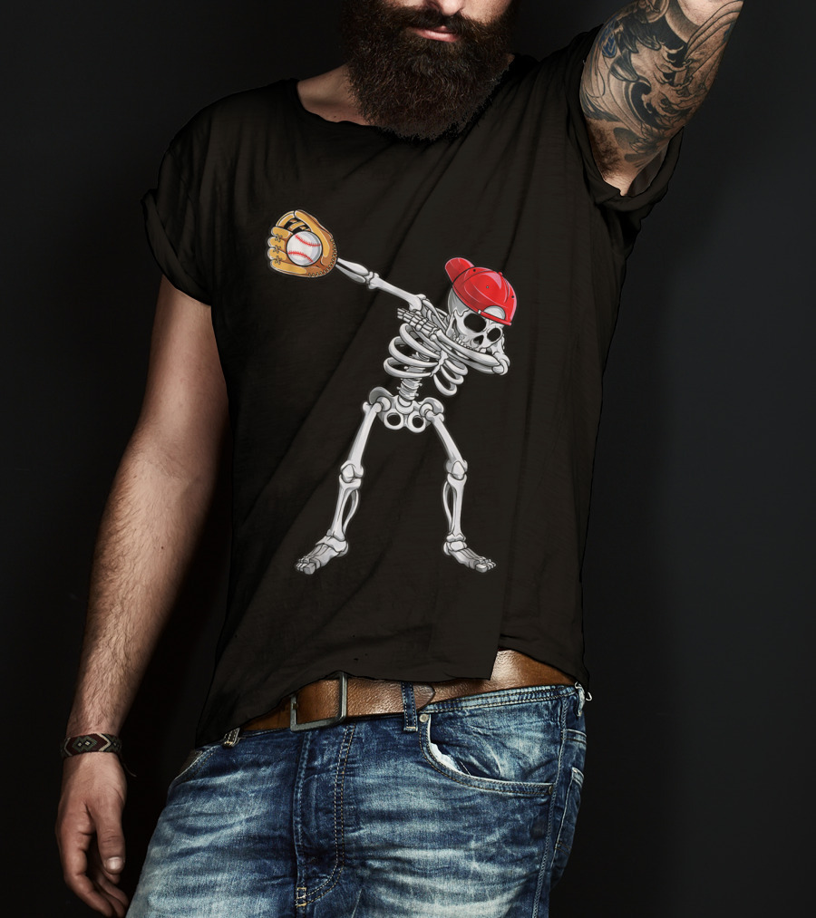 Dabbing Skeleton With Baseball Glove And Cap T-Shirt