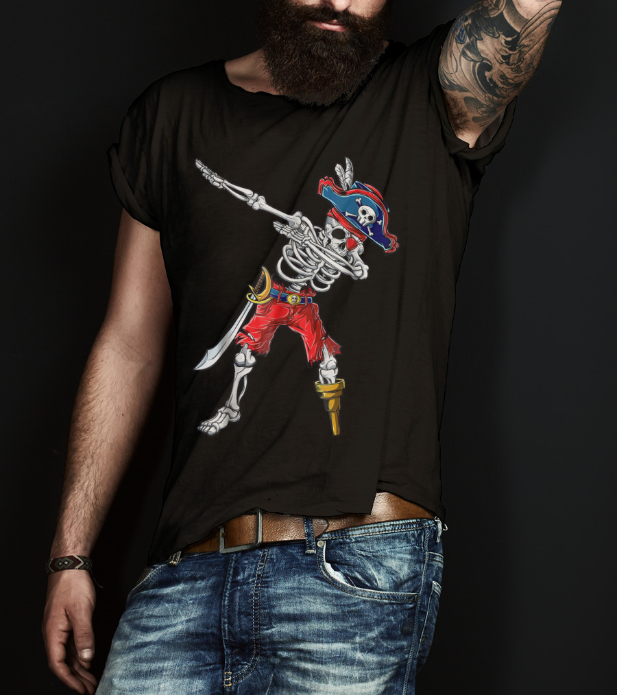 Skeleton Pirate Dabbing In Red Pants And Tricorn Hat With Sword T-Shirt