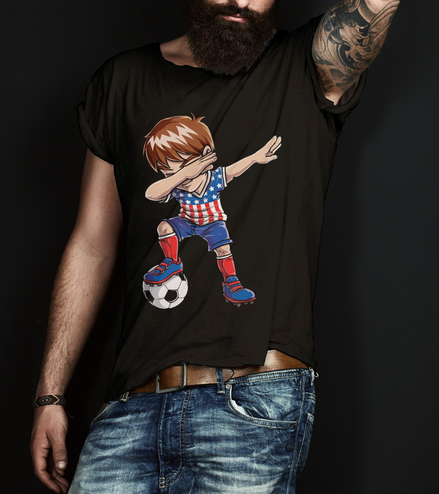 Dabbing Boy With Soccer Ball In American Flag Jersey T-Shirt