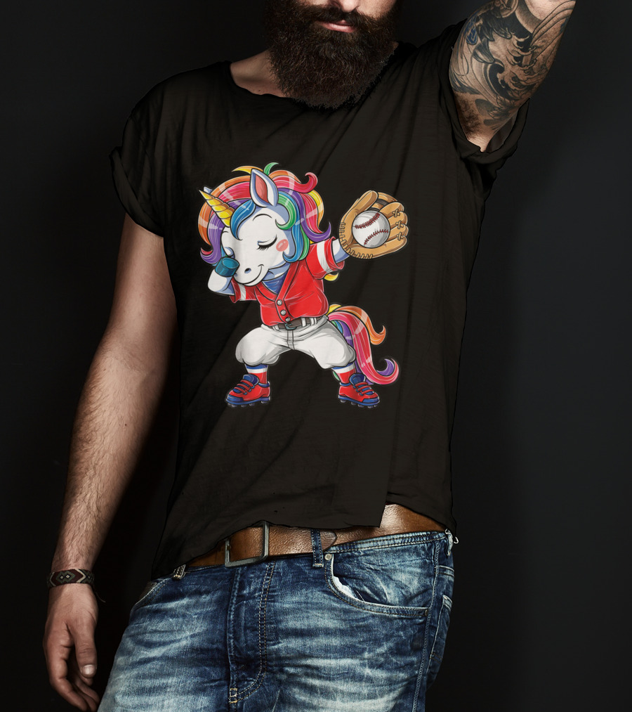 Dabbing Unicorn In Rainbow Baseball Outfit Holding Ball T-Shirt