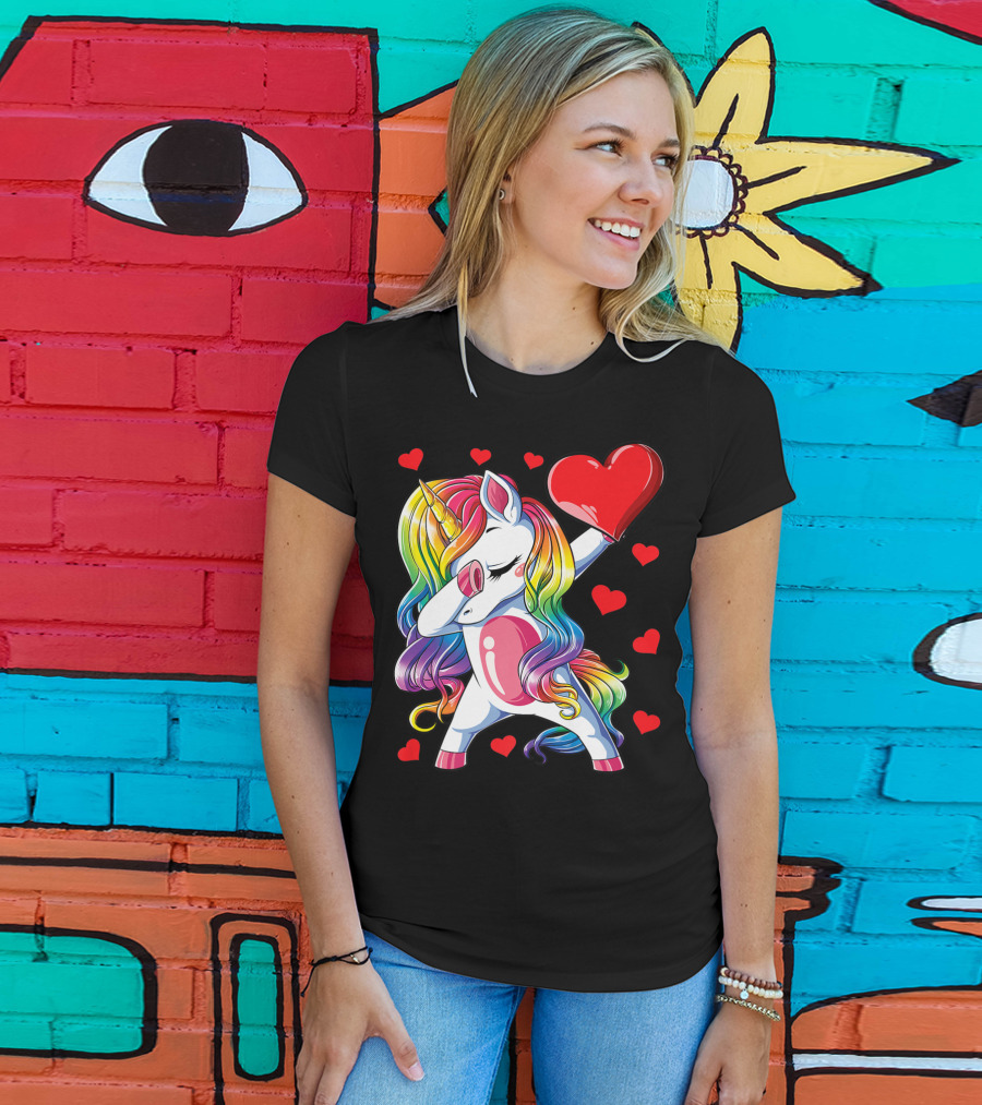 Valentine's Day Rainbow Dabbing Unicorn With Heart And Hearts T-Shirt