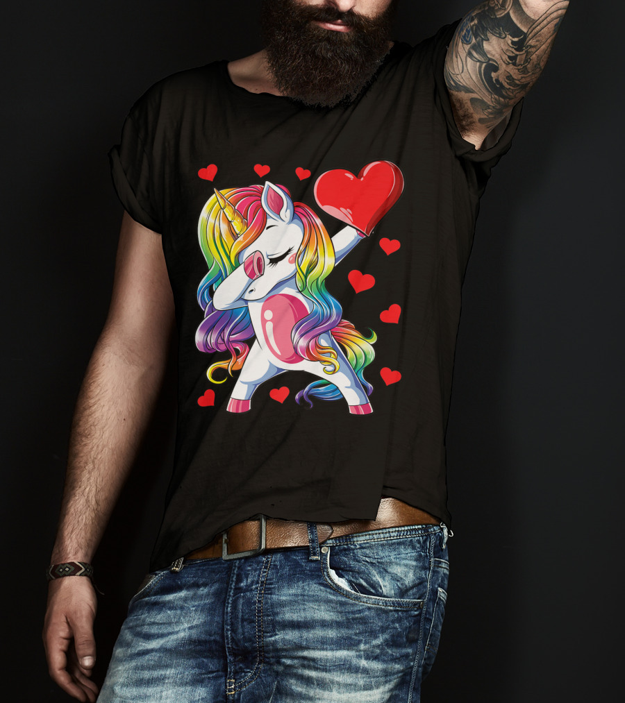 Valentine's Day Rainbow Dabbing Unicorn With Heart And Hearts T-Shirt