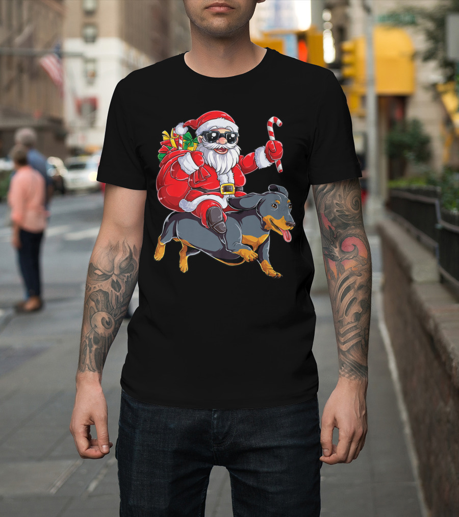 Santa Claus Riding Dachshund With Candy Cane And Presents T-Shirt