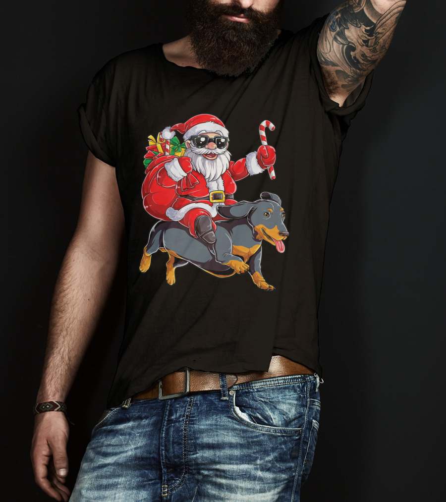 Santa Claus Riding Dachshund With Candy Cane And Presents T-Shirt