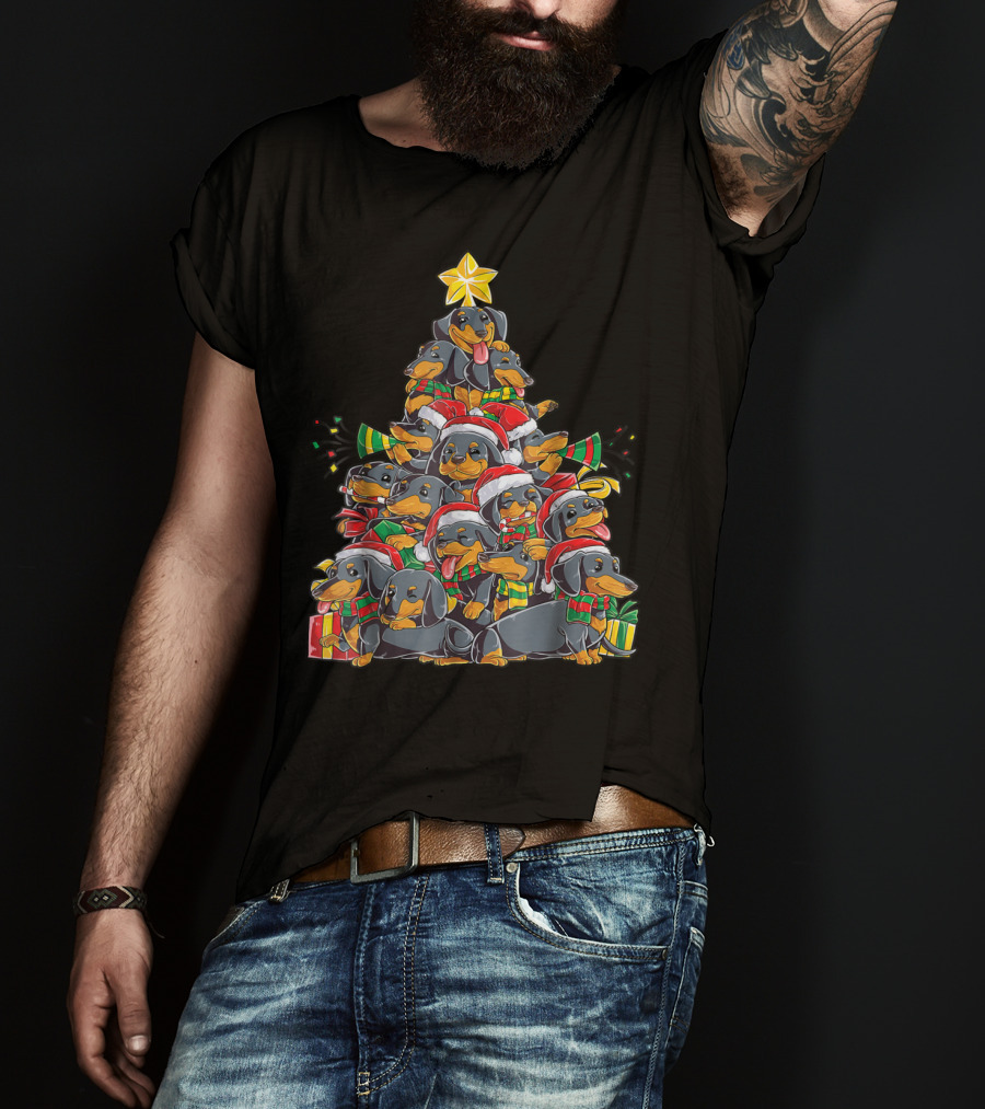 Dachshund Xmas Tree With Santa Hats And Gifts T-Shirt