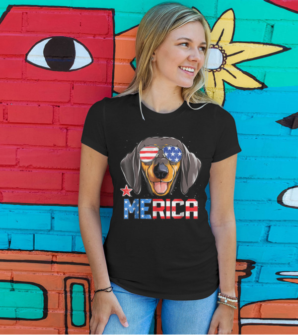 Dachshund Merica USA Flag Sunglasses 4th Of July Kids Boys Dog T-Shirt