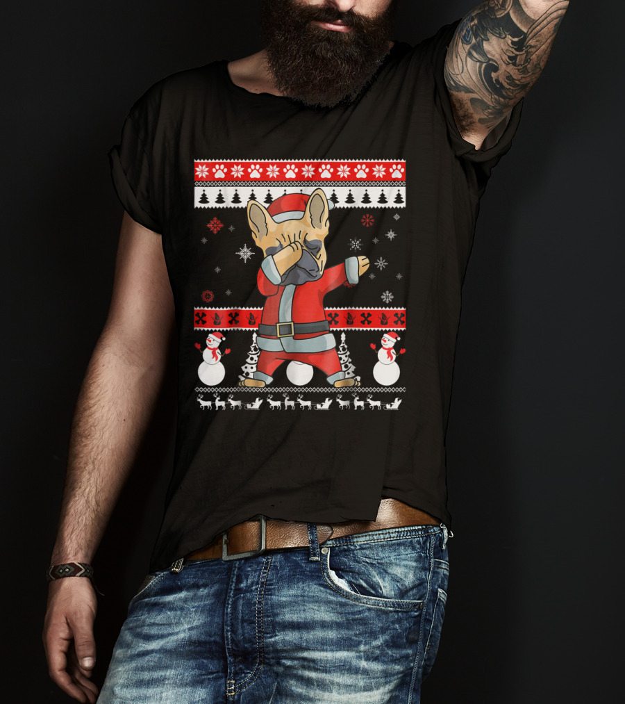 Dabbing French Bulldog Christmas Santa Ugly Sweater Snowflakes Snowmen T-Shirt