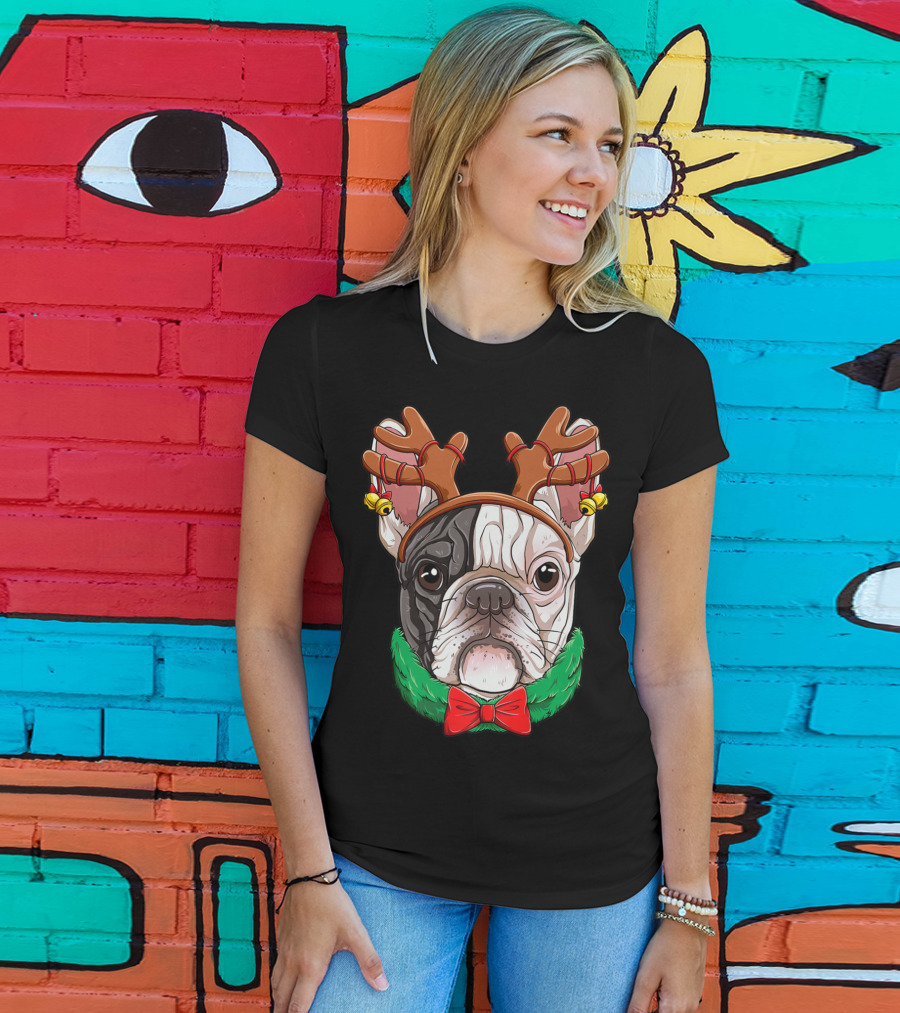 French Bulldog With Christmas Reindeer Antlers And Bow Tie T-Shirt