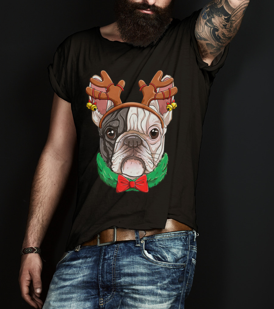 French Bulldog With Christmas Reindeer Antlers And Bow Tie T-Shirt