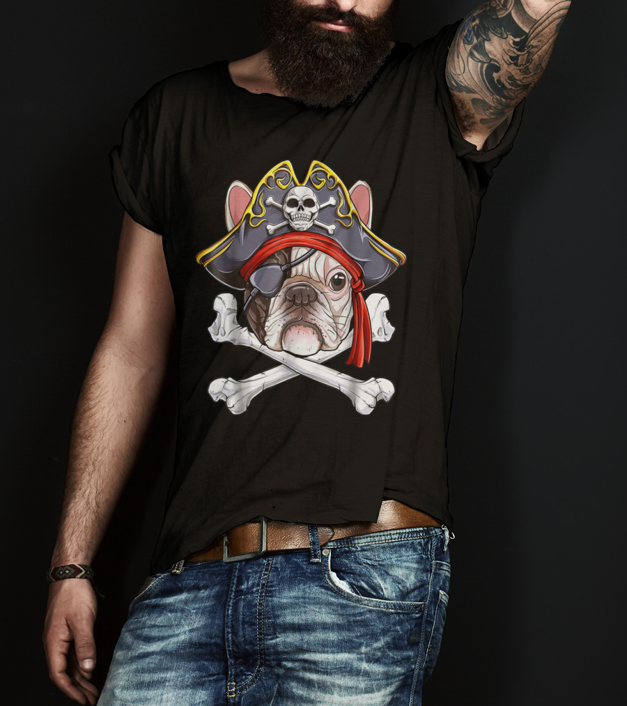 French Bulldog Pirate Jolly Roger Crossbones Skull Eyepatch T-Shirt