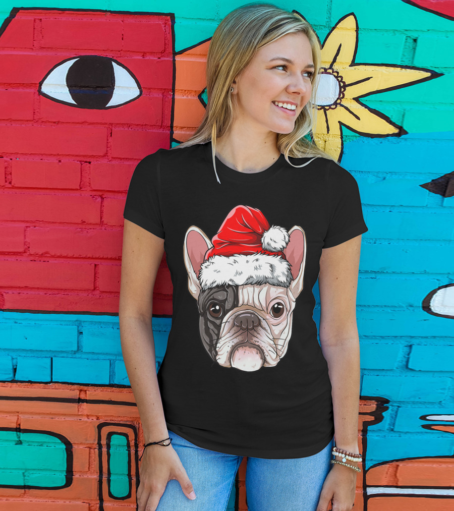 French Bulldog Wearing Santa Hat T-Shirt