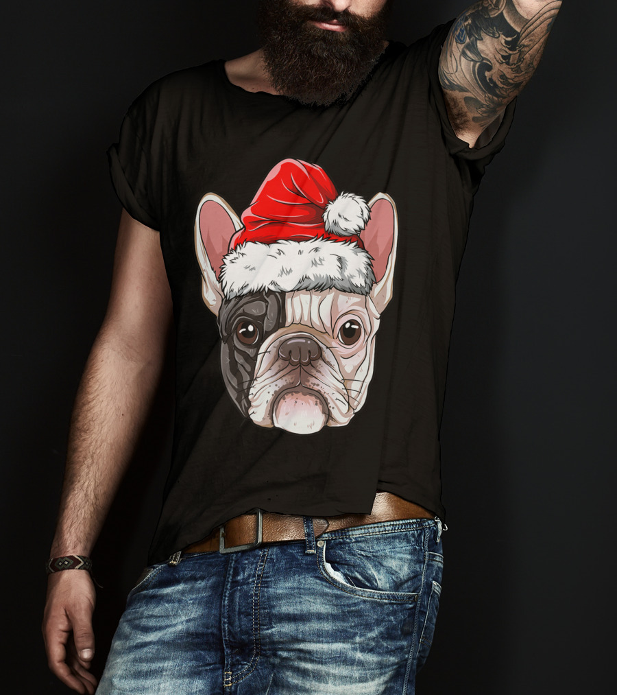 French Bulldog Wearing Santa Hat T-Shirt