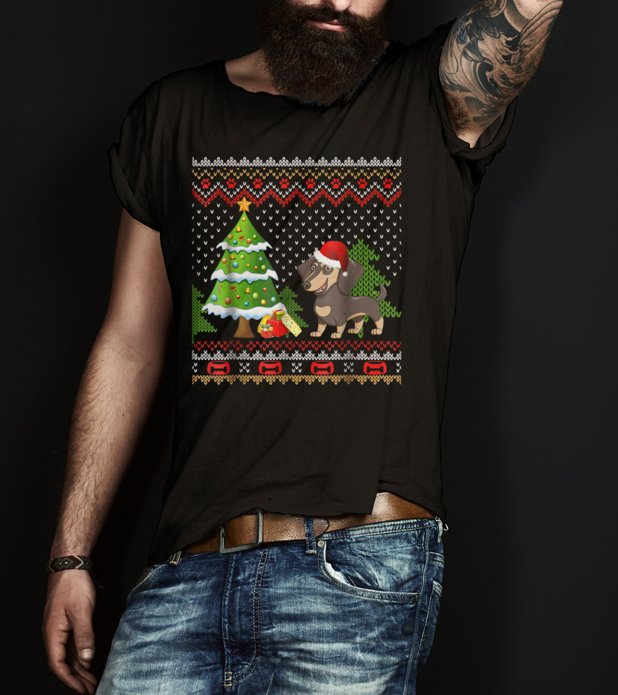 Dachshunds Santa Christmas UglyDog Festive Sweater Holiday Tree T-Shirt