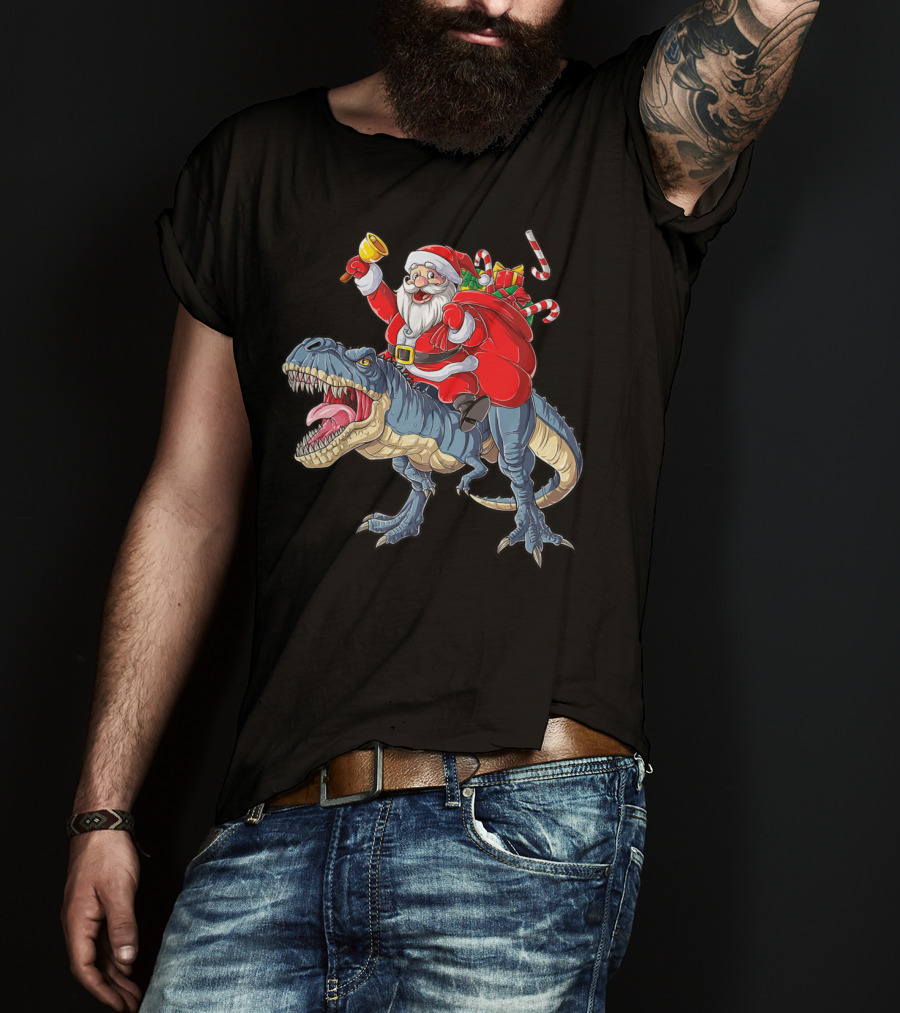 Santa Claus Riding Dinosaur With Bell And Holiday Gifts Christmas Boys Santa Rex Kids Xmas T3 T-Shirt
