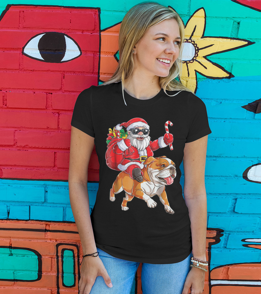 English Bulldog Santa Claus Riding With Candy Cane And Gifts Christmas Woofmas T-Shirt