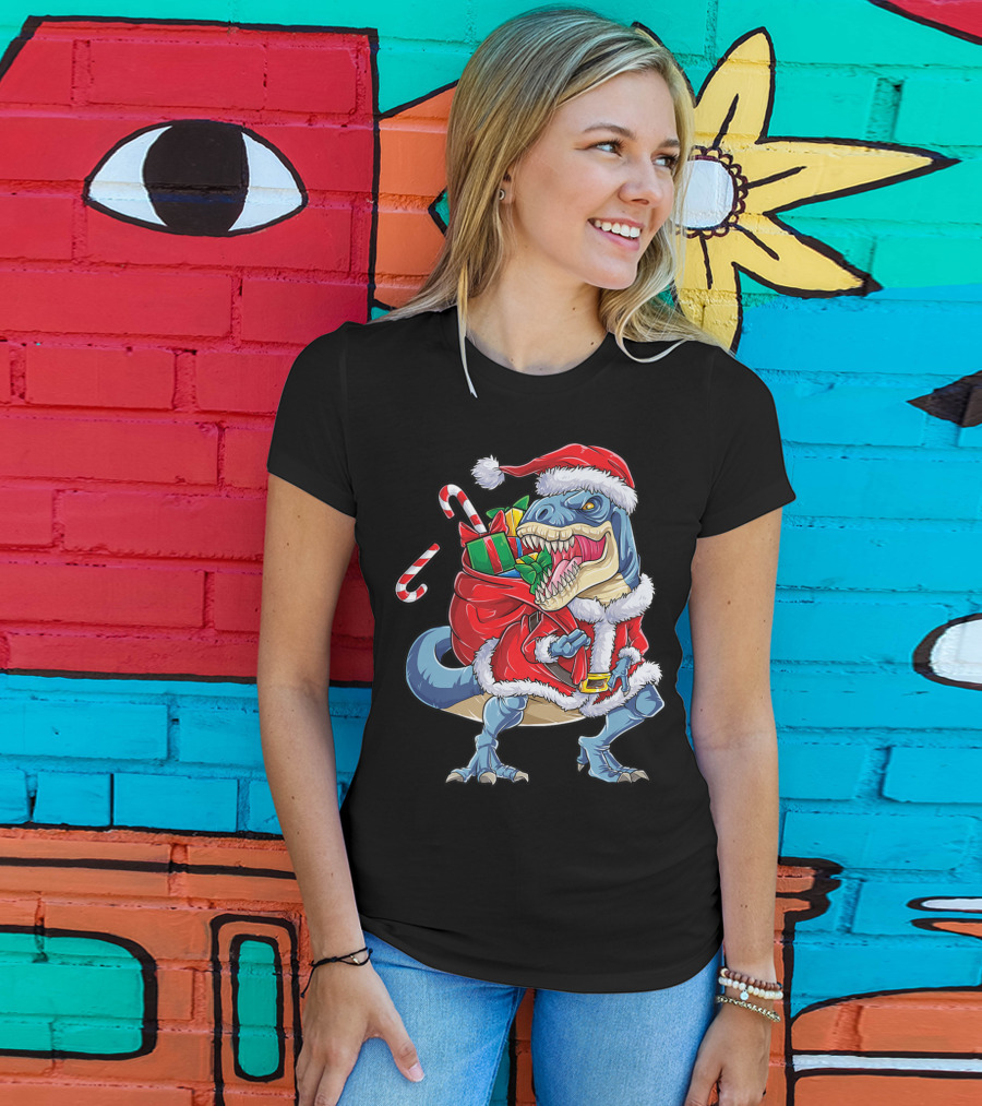 Dinosaur Christmas Boys Santa Rex With Candy Canes And Gifts T-Shirt